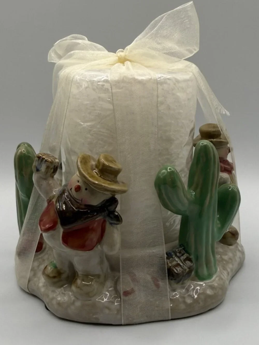 VTG Retired 'Happy Trails' Cowboy Snowman Ceramic Candle Holder
